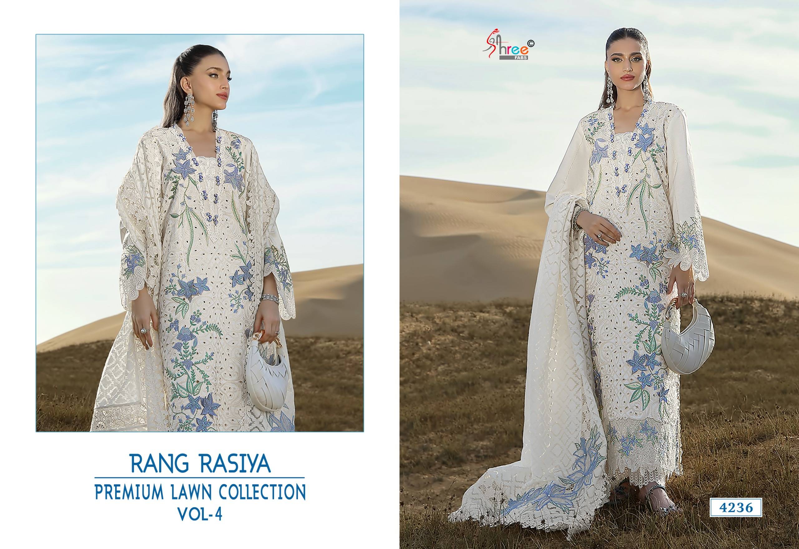 RANG RASIYA PREMIUM LAWN COLLECTION VOL-04 BY Shree fabs 4233 TO 4238 SERIES Pakistani Stylish Embroidered COTTON LAWN Dresses At Wholesale Price